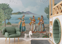 Heritage Mughal painting mural with royal women
