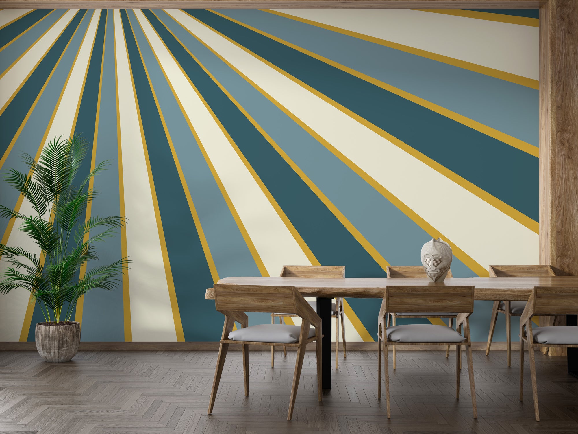 Multicolor Abstract Striped Line wallpaper mural with teal, cream and gold sunburst rays in a dining room with wood table and palm