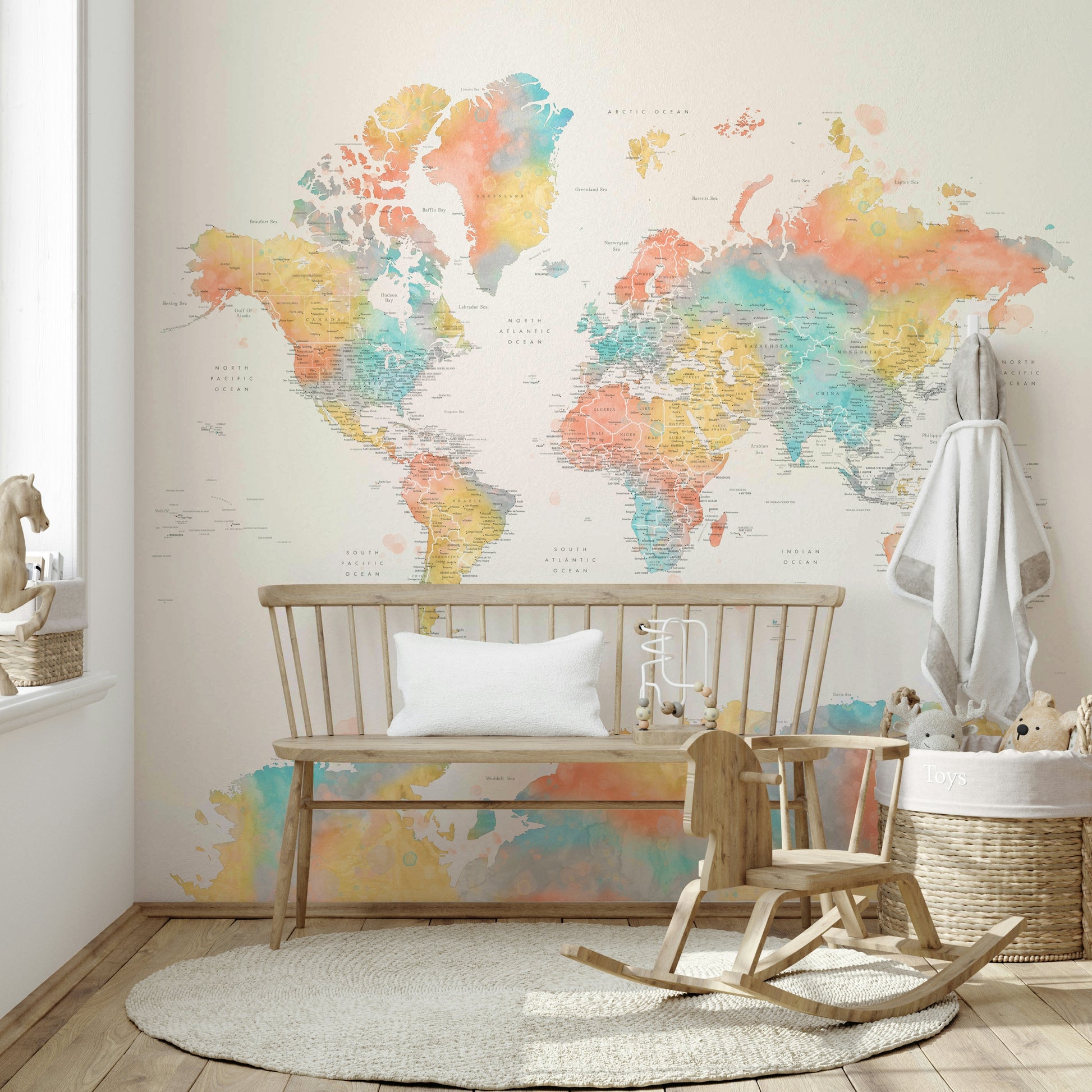 Bright world map in blended multicolor watercolor hues

