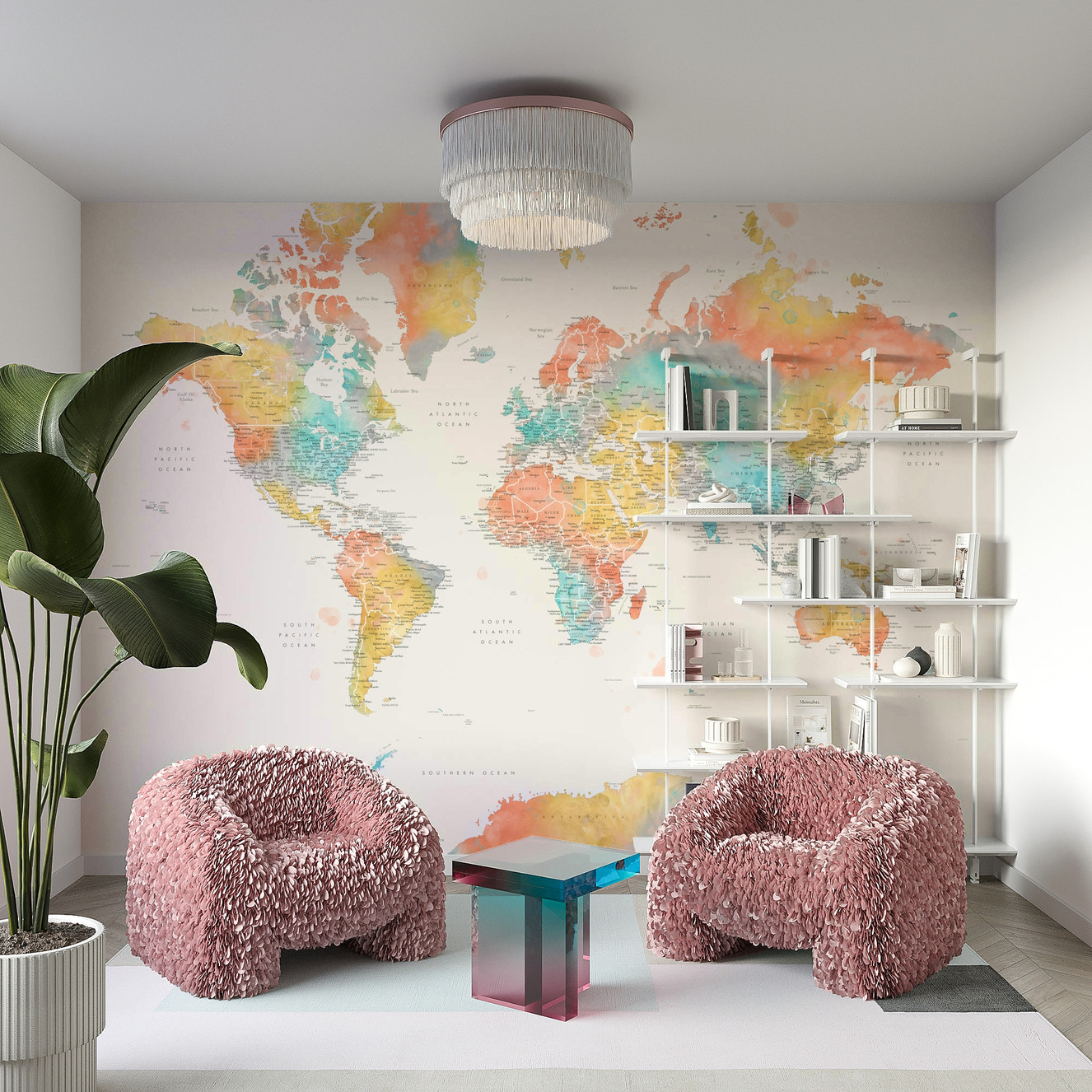 Multicolor watercolor world map wallpaper for kids’ rooms

