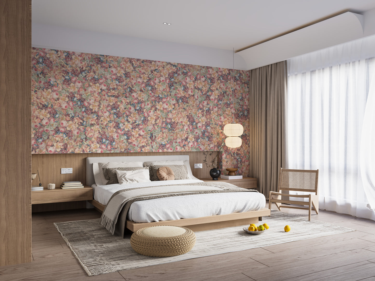 Multicolor Poesies Flowers wallpaper mural of soft floral colors behind a wooden platform bed in a serene bedroom