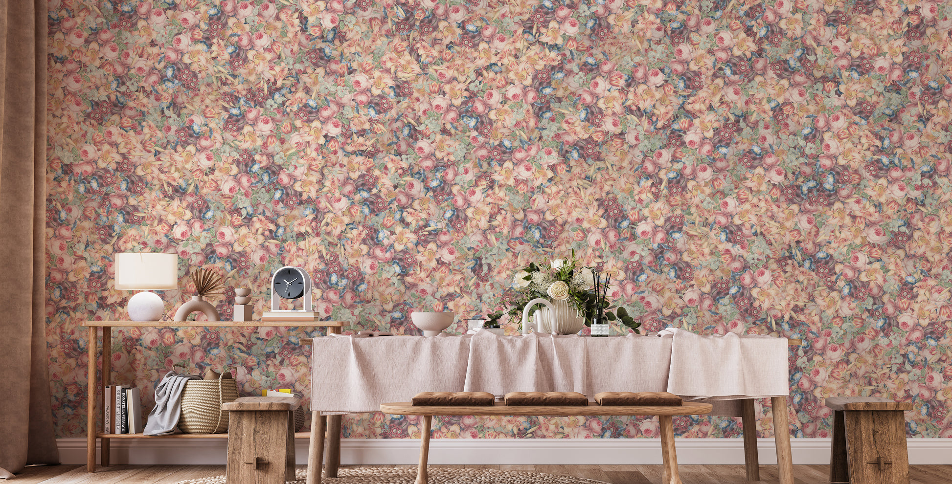 Multicolor Poesies Flowers wallpaper mural of pink and orange blooms behind a wooden dining table in a dining room