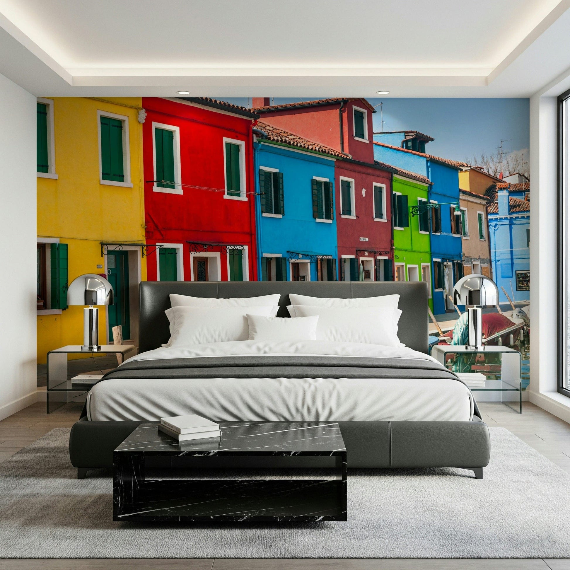 Multicolored Burano product, contrasting house colors, stunning architectural image.