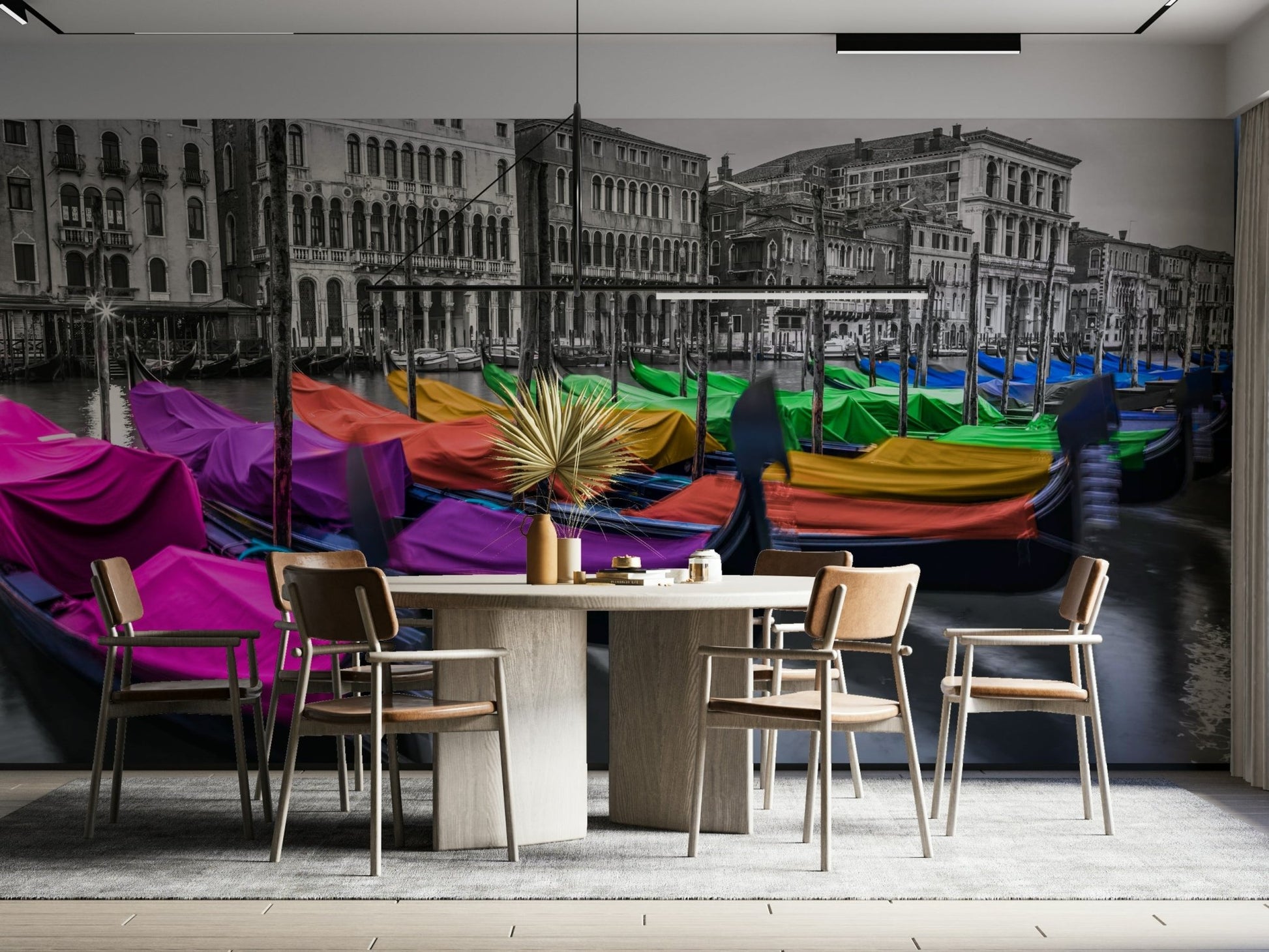Serene Venetian canals with bright, lively boats

