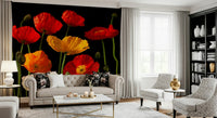 Statement floral wallpaper with multicoloured poppies arranged in a dramatic composition.