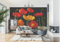 Artistic poppies wallpaper featuring richly coloured blossoms and soft natural textures.