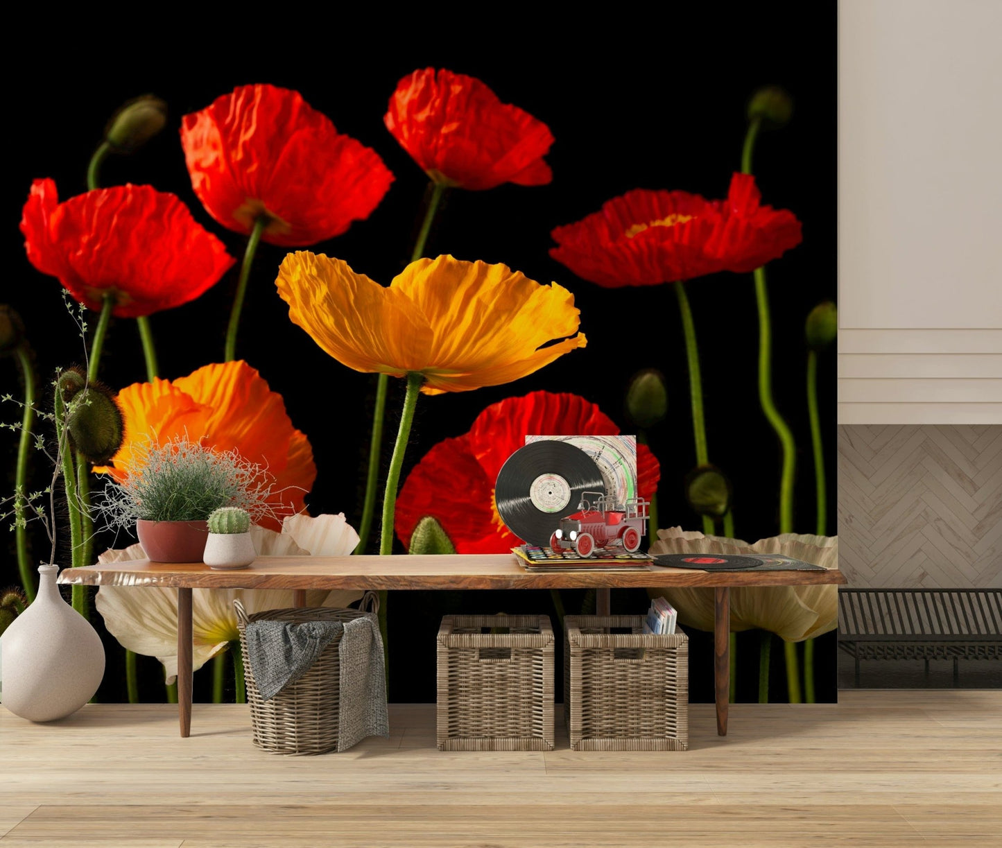 Elegant floral wallpaper with multicoloured poppy blooms standing out on a black background.