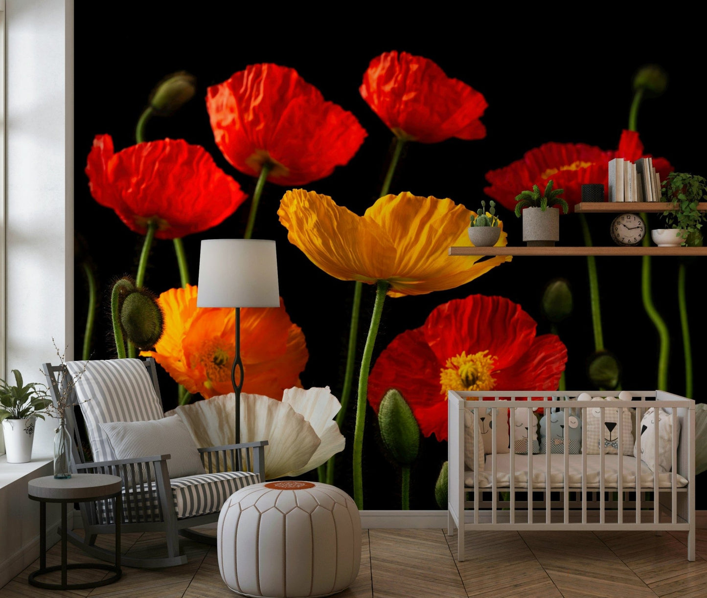 Multicoloured poppies wallpaper showing bright red and yellow blooms against a deep black background.