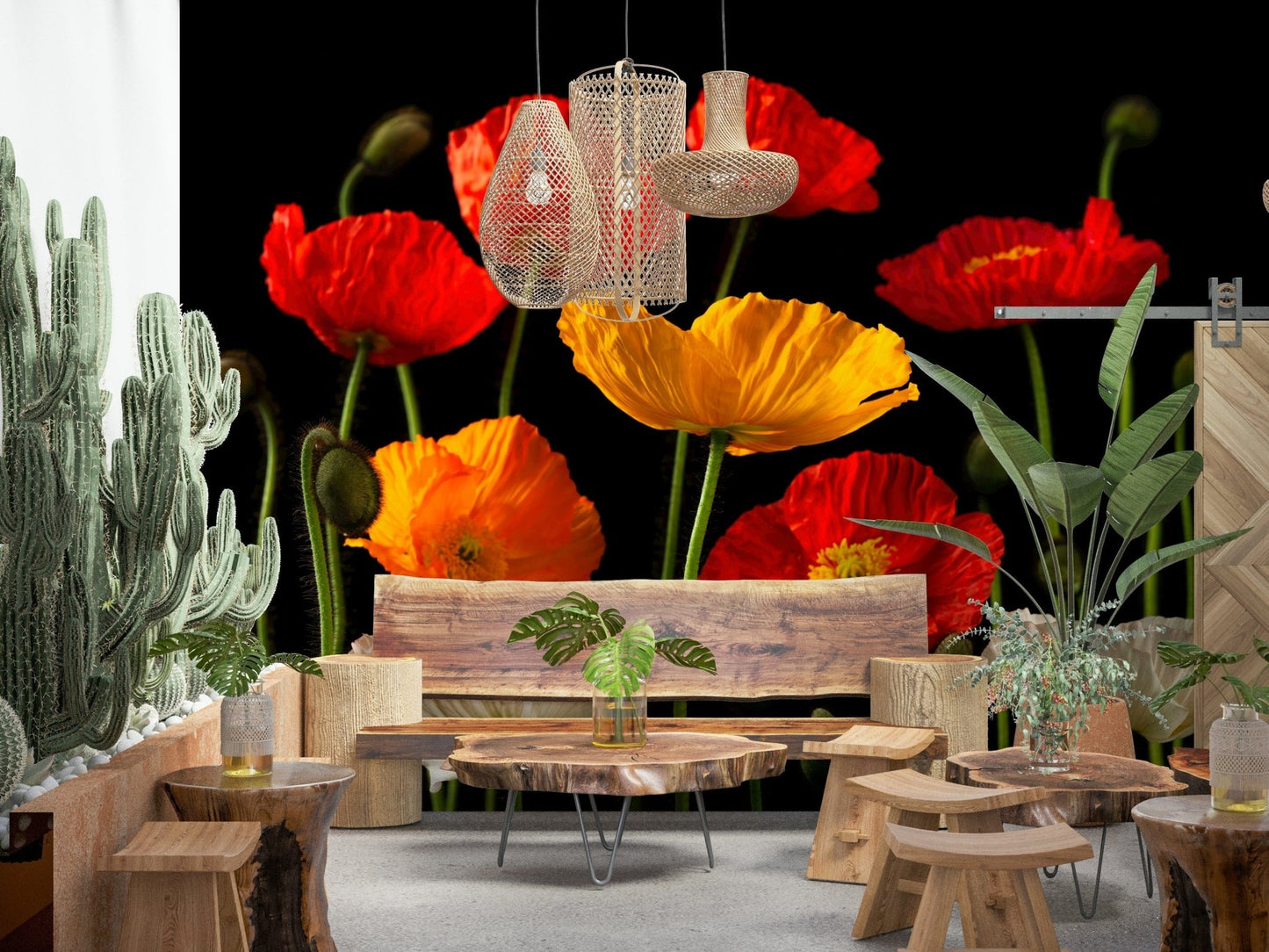 Decorative poppy wallpaper highlighting bright red and yellow flowers in a bold layout.