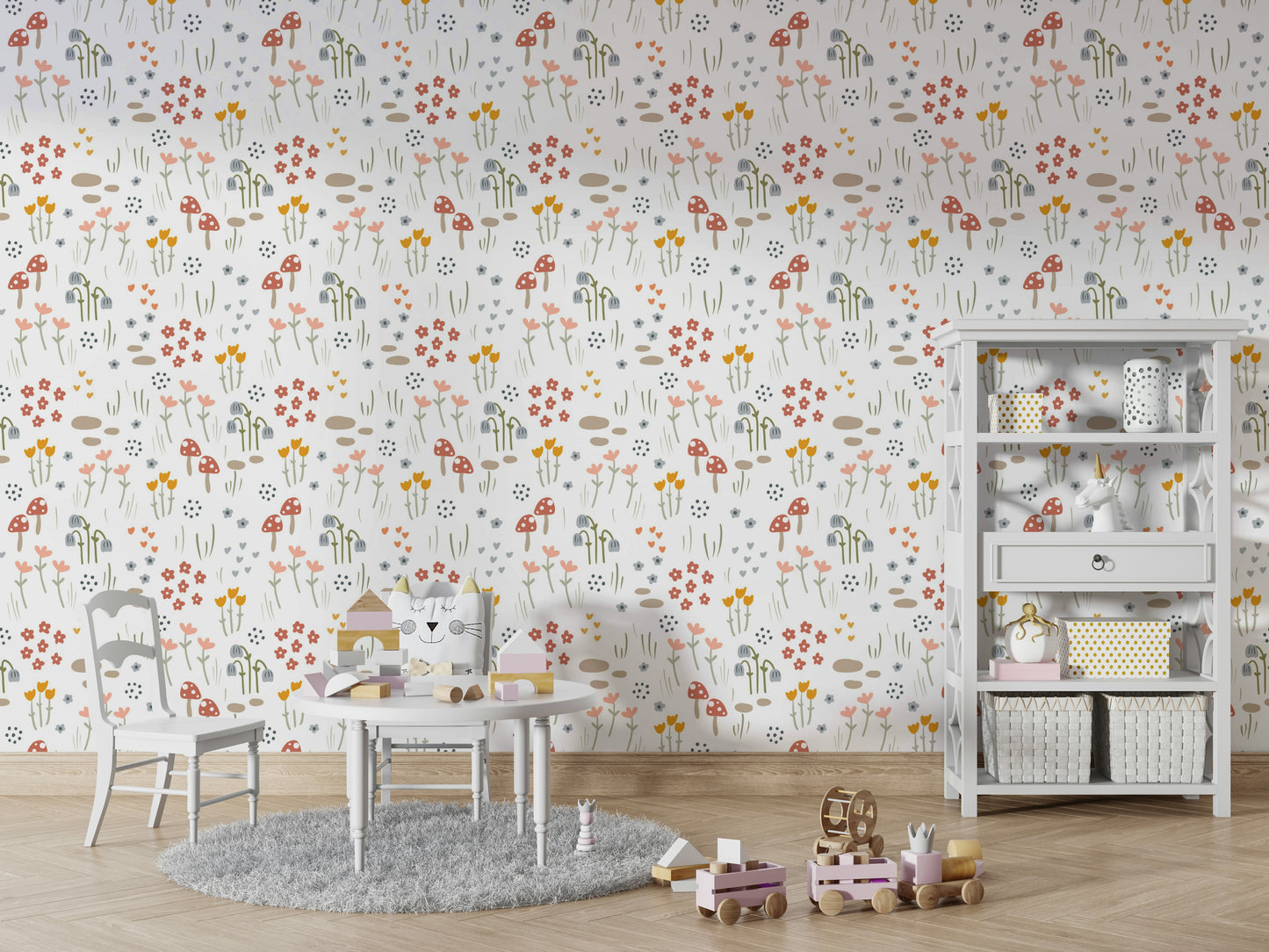 Hand-drawn meadow mushrooms wallpaper

