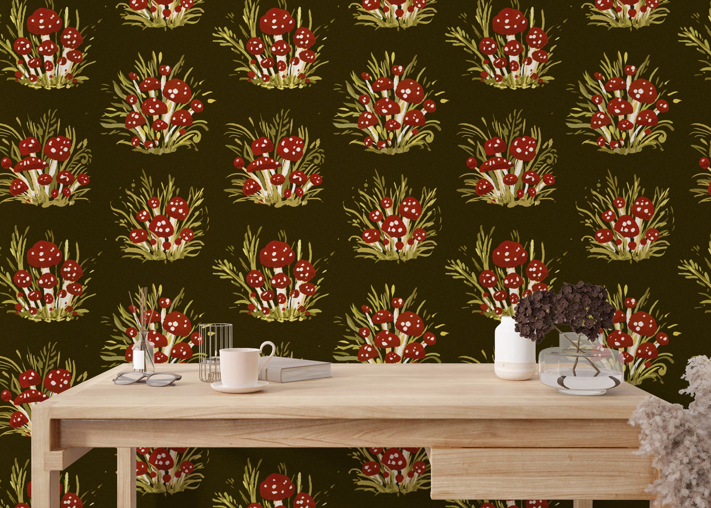 Elegant mushroom millefleurs dark wallpaper for a bold statement.
