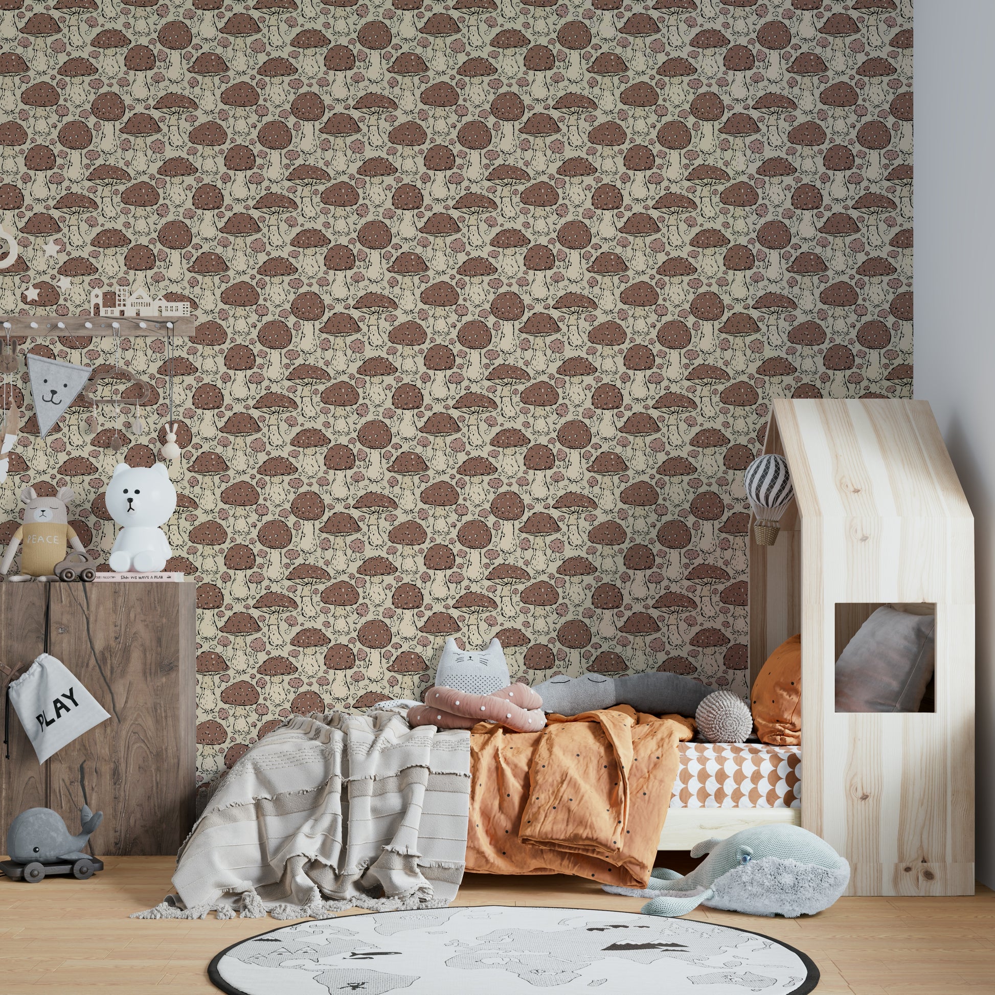 Cottagecore aesthetic wallpaper with mushroom motifs

