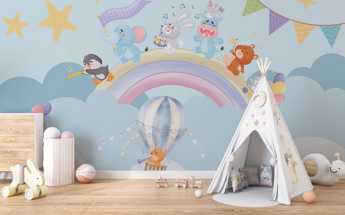 Musical Animals Rainbow Parade wallpaper mural of pastel animals on a rainbow and a balloon in a kids room with a white teepee