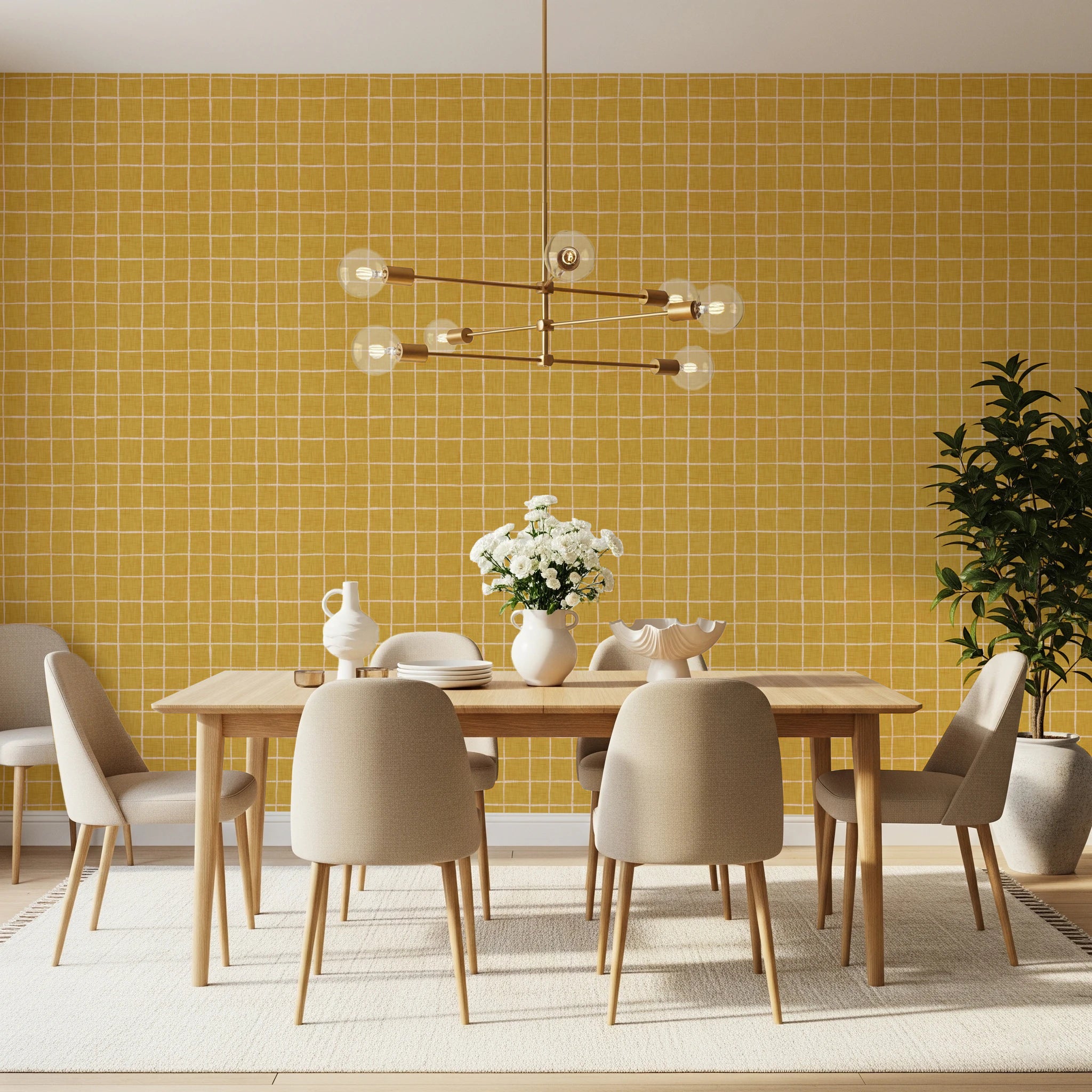 Mustard Gridlock Wallpaper - Minimalist Yellow Grid Decor