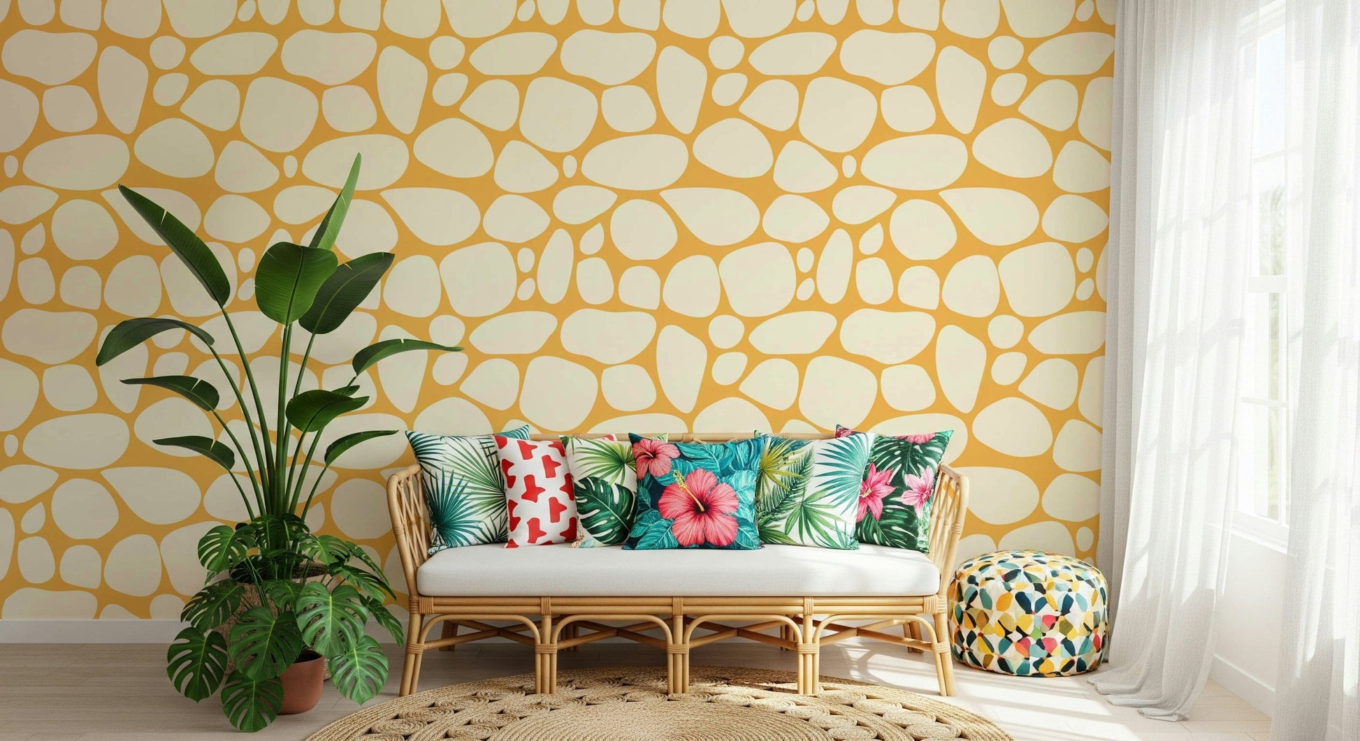 Interior design Pebble Pattern peel and stick wallpaper, warm sunny ambiance.