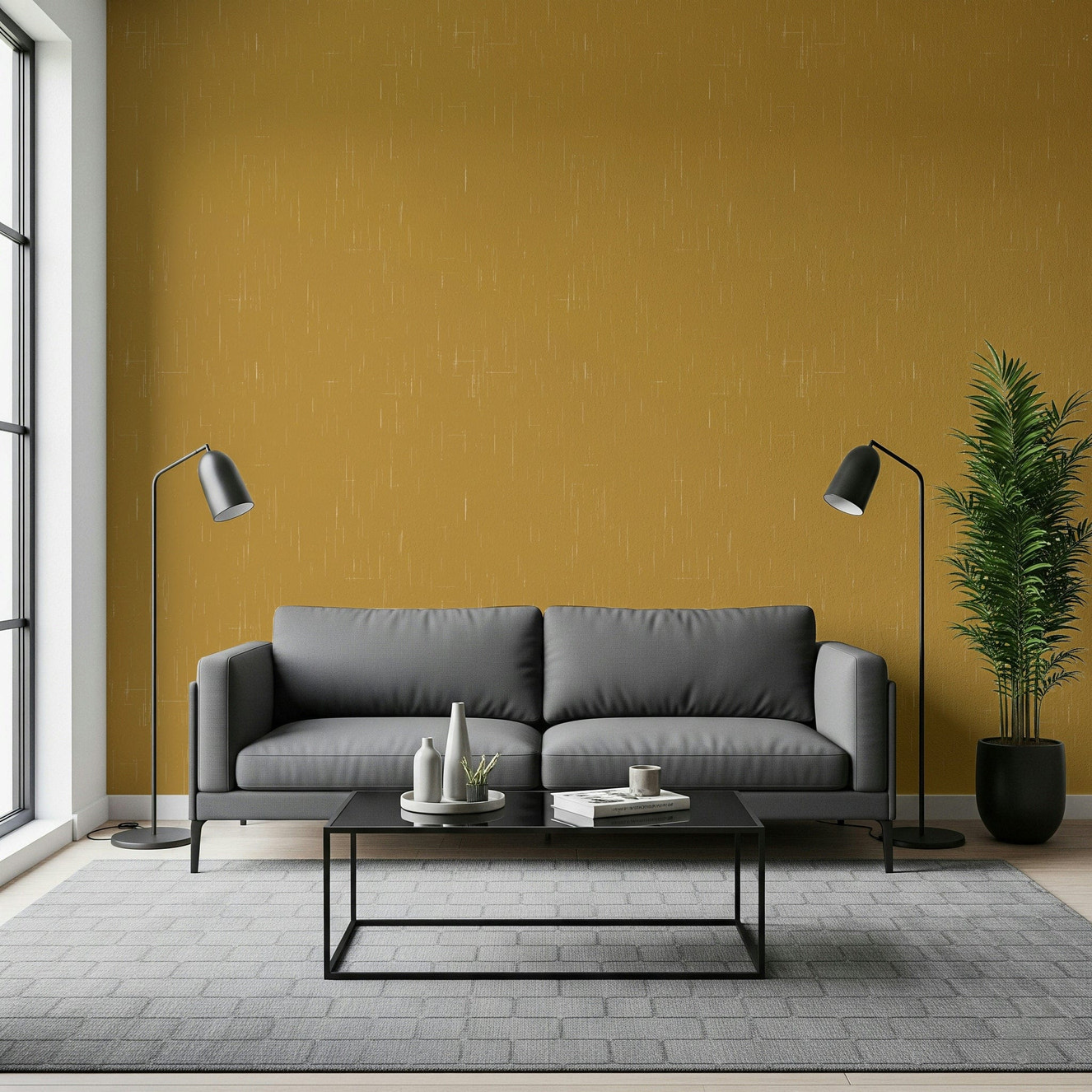 Mid Century Modern mustard yellow linen texture wallpaper with light vertical streaks.