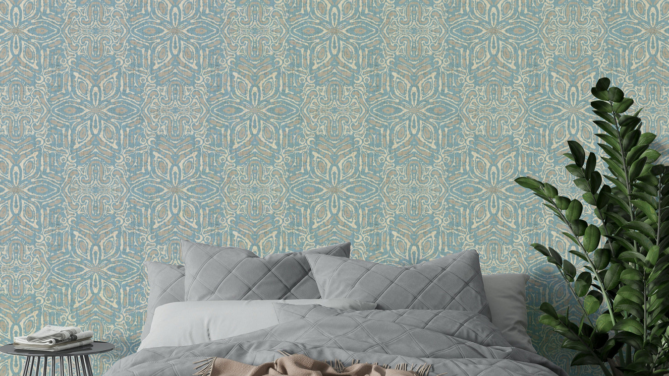 Muted blue batik floral mural


