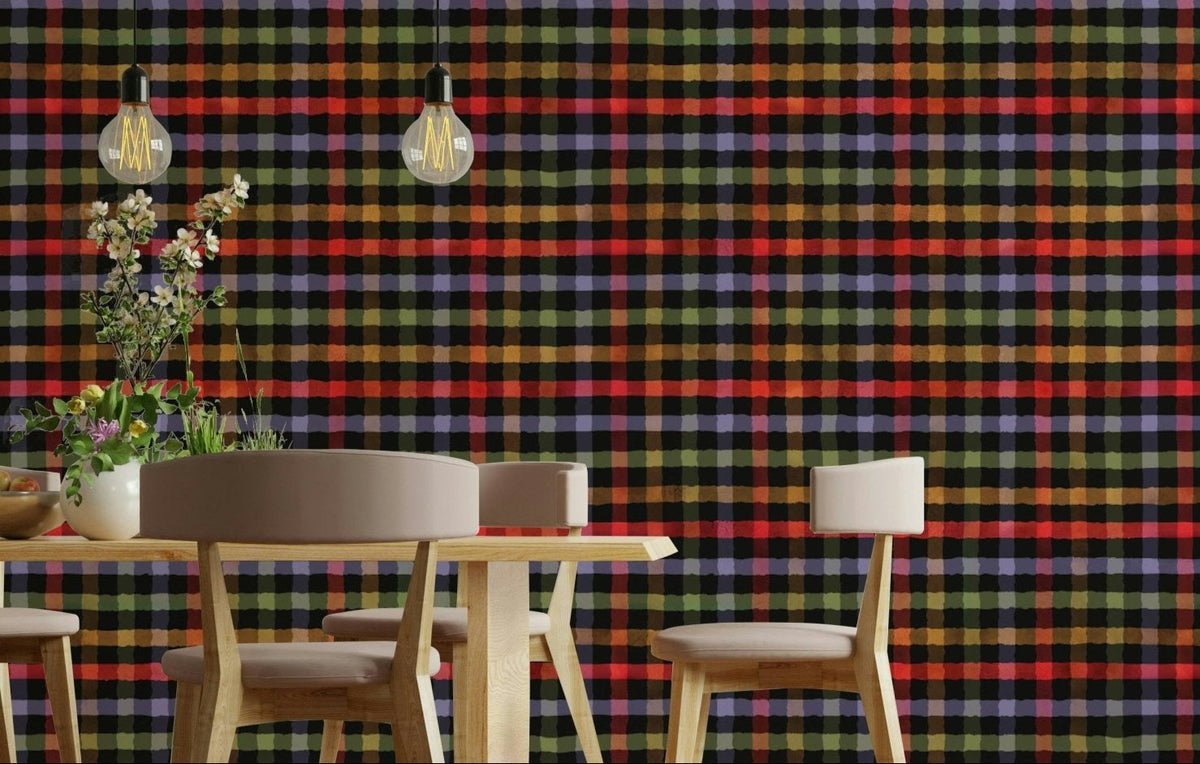 Muted Earthy Checkered Dark Academia Watercolor Gingham Plaid Wallpaper.

