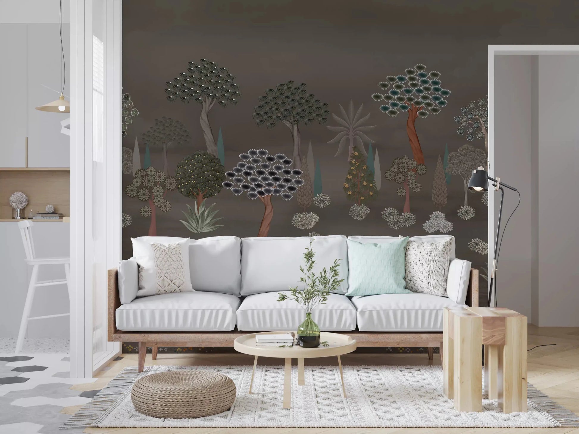 Muted forest landscape wall mural with stylized trees and shrubs