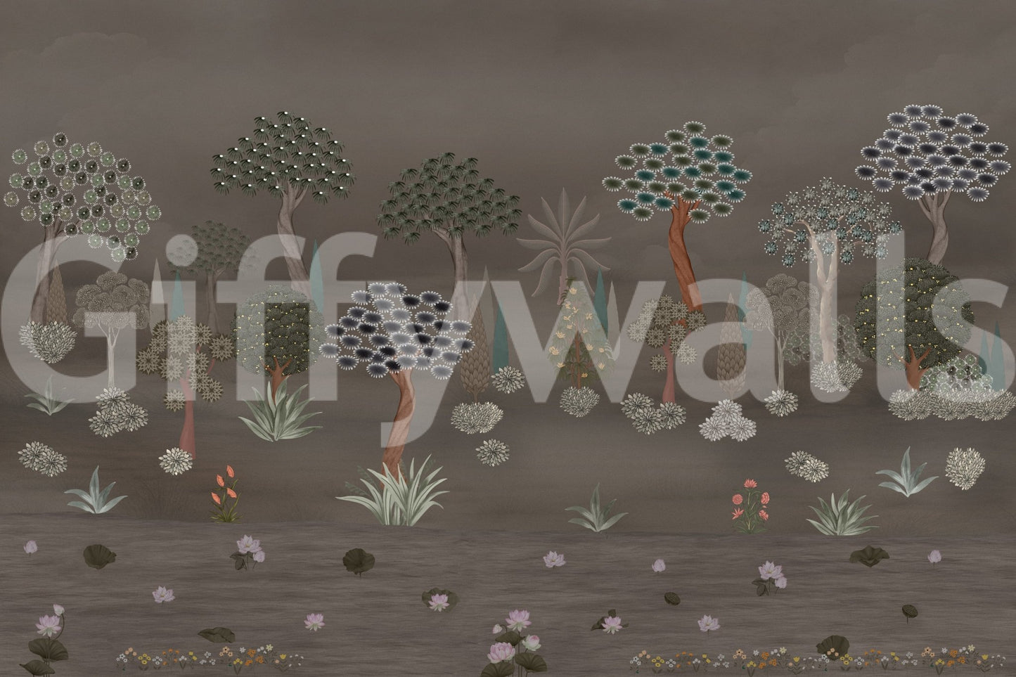 Soft forest tapestry wall mural with decorative trees and foliage