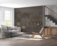 Muted Forest Tapestry wall mural showing layered trees and plants