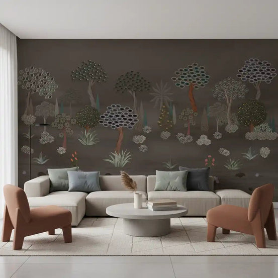 Muted Forest Tapestry wall mural in living room with woodland trees
