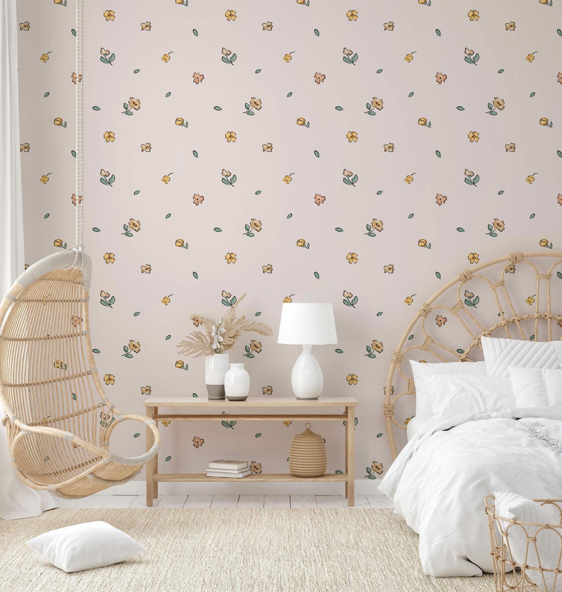 Calming wallpaper with meadow flowers and grasses

