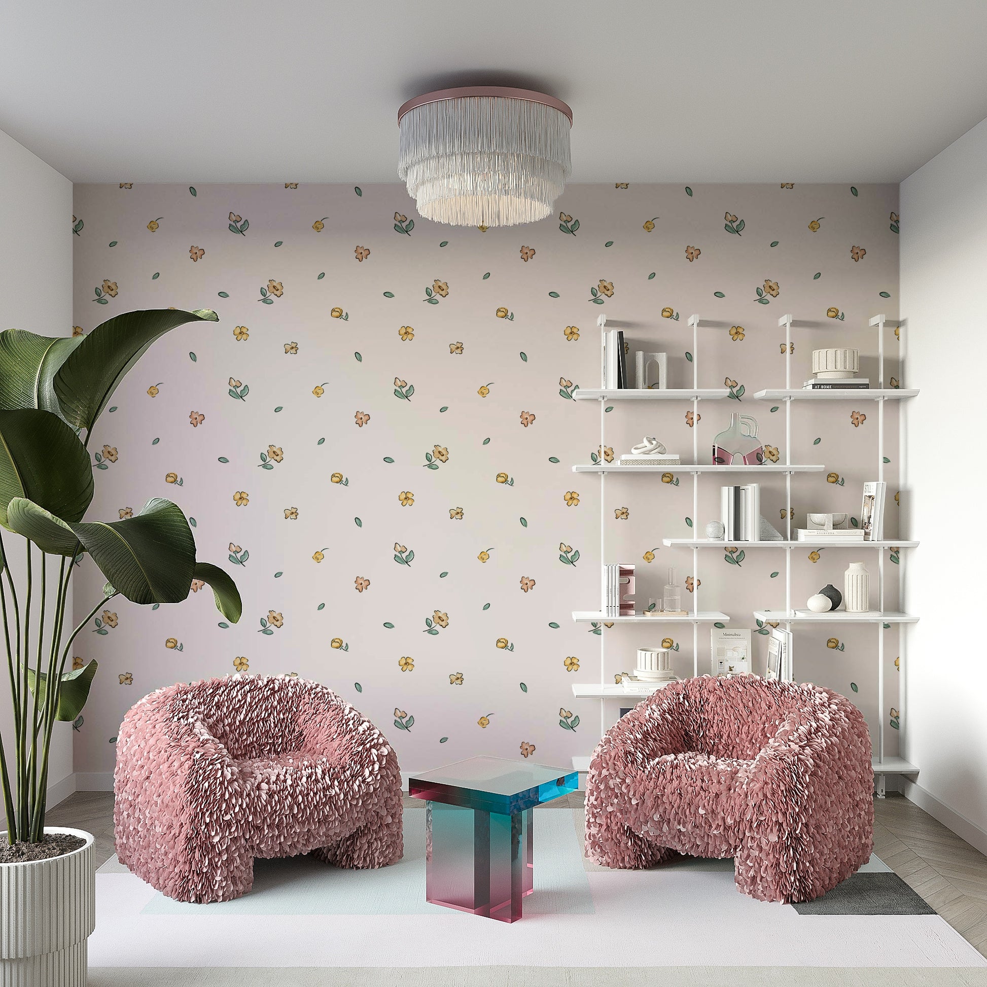 Subtle floral meadow wallpaper in gentle earth tones

