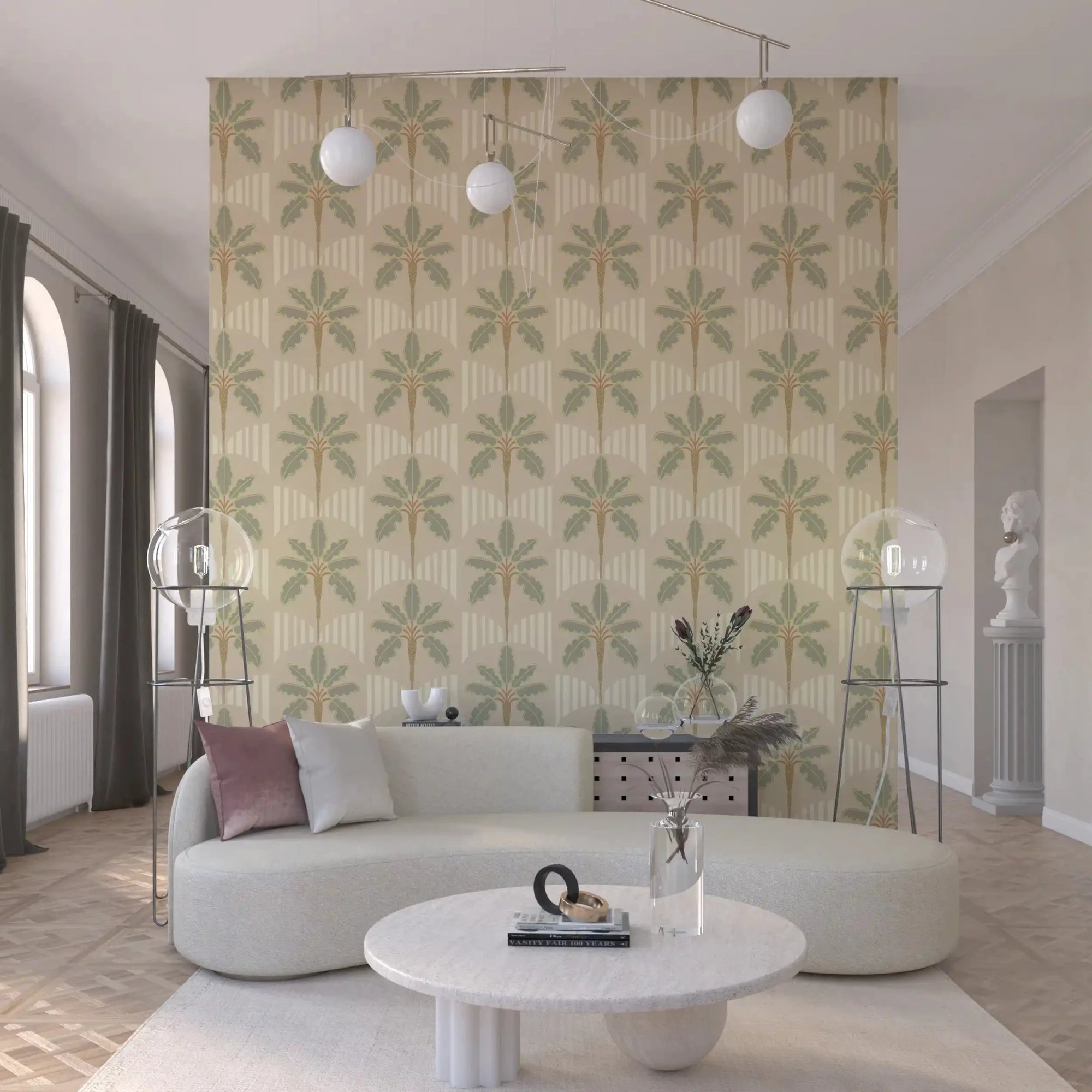 Soft green palm wallpaper with arch forms featured in a modern living interior