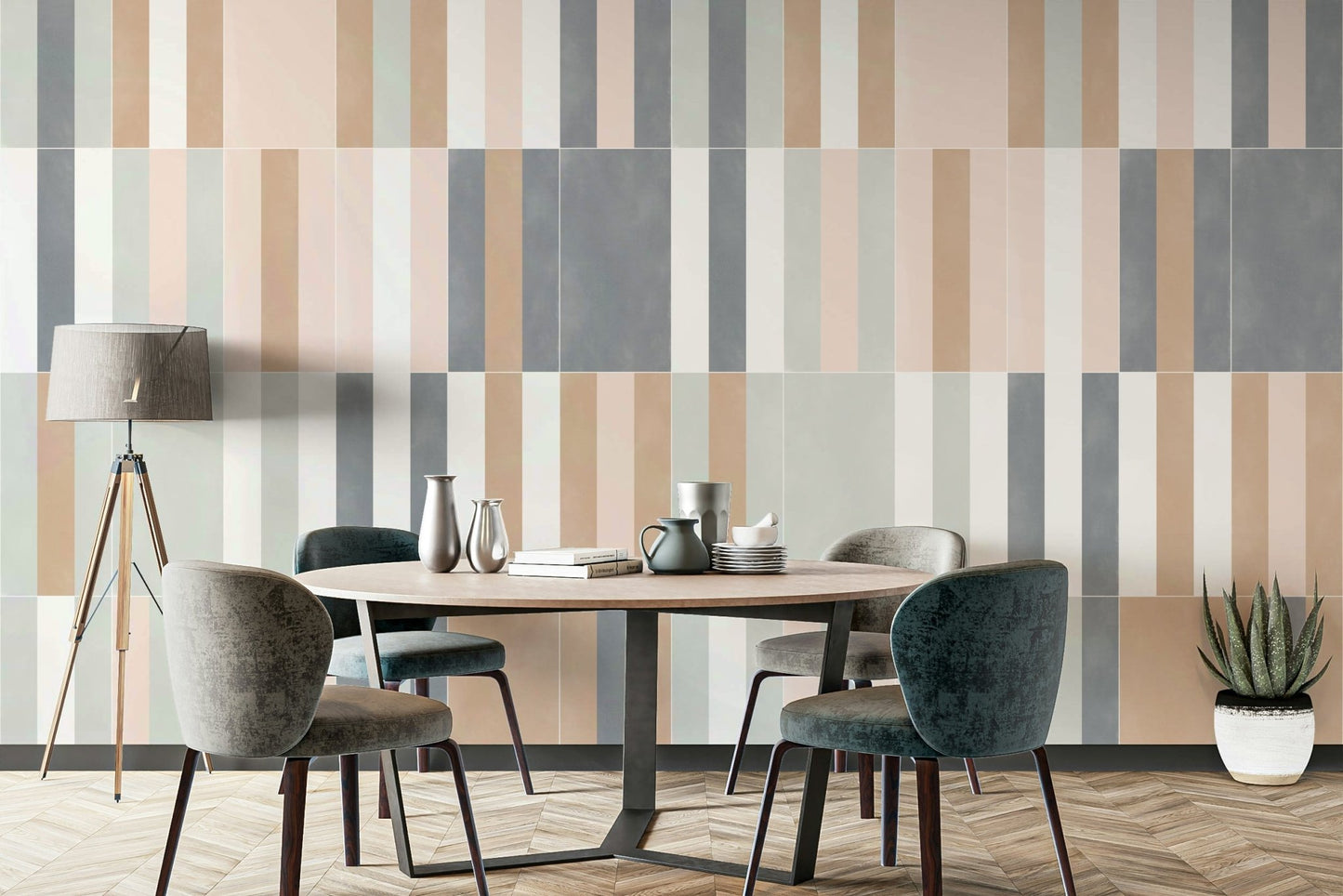 Decorative wall mural with faded pastel tile pattern

