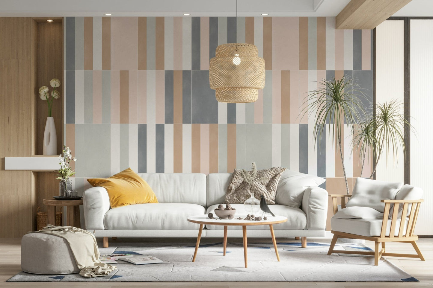Artistic muted tile pattern mural in calming hues

