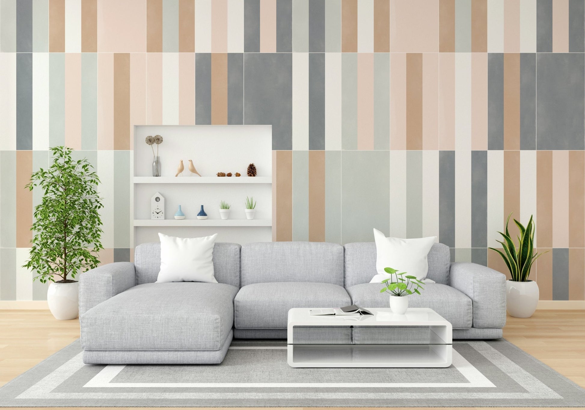 Soft-toned pastel tile mural for calm interiors

