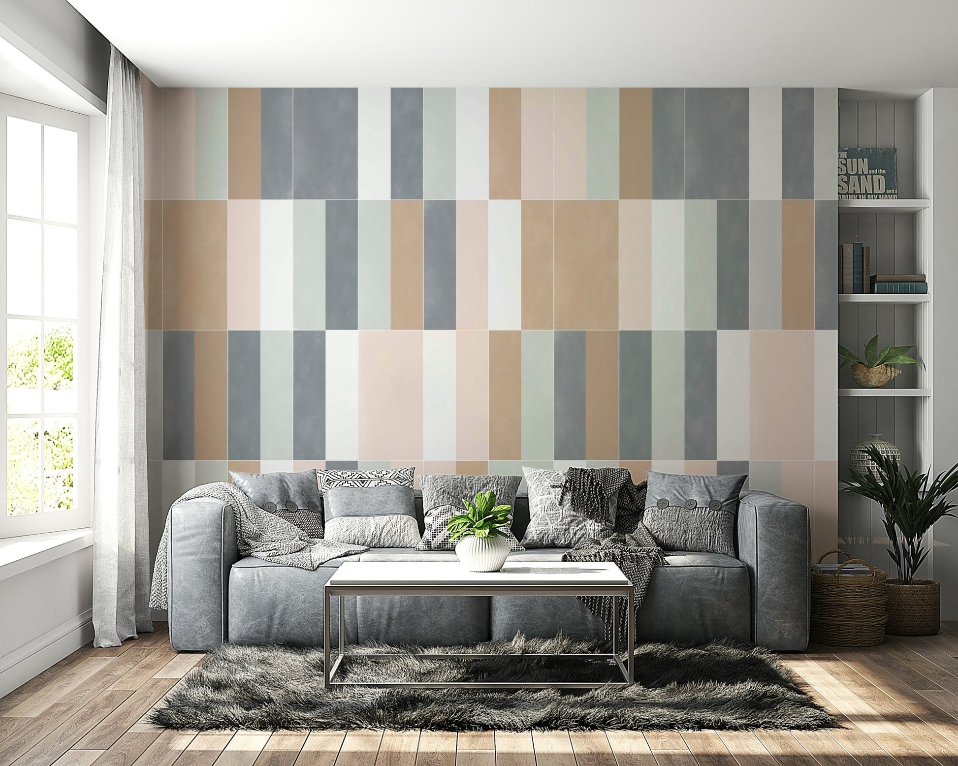 Neutral pastel mural with a mosaic tile pattern

