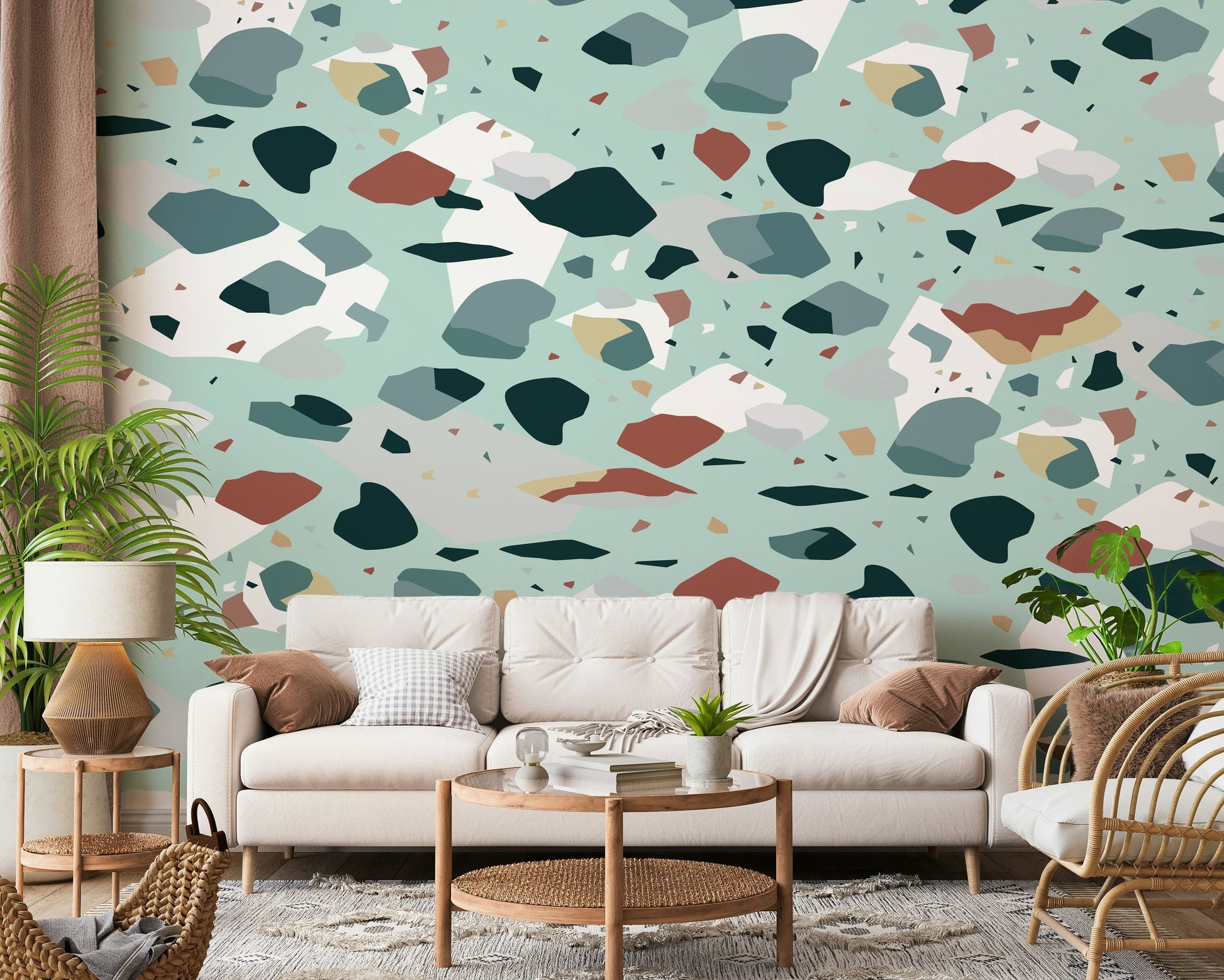A peaceful modern abstract mural on decorative wallpaper.