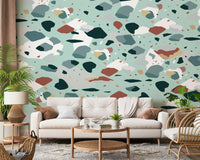 A peaceful modern abstract mural on decorative wallpaper.