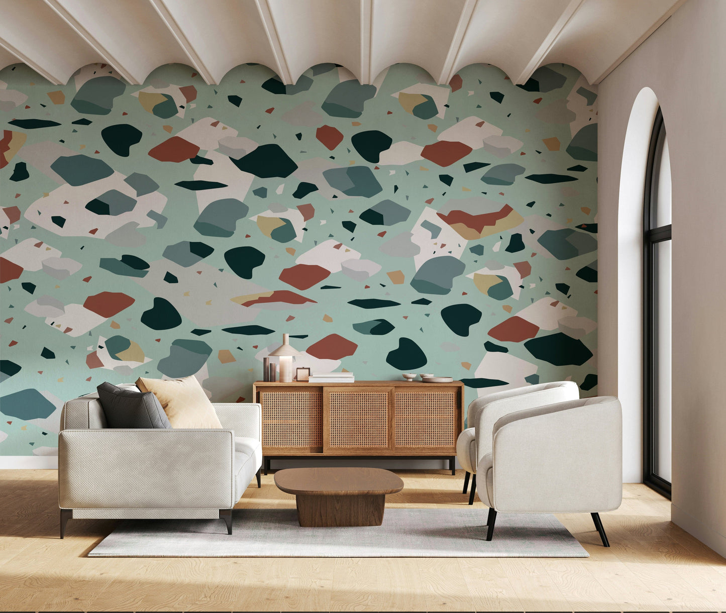 An artistic soft focus mural on minimalist wallpaper.