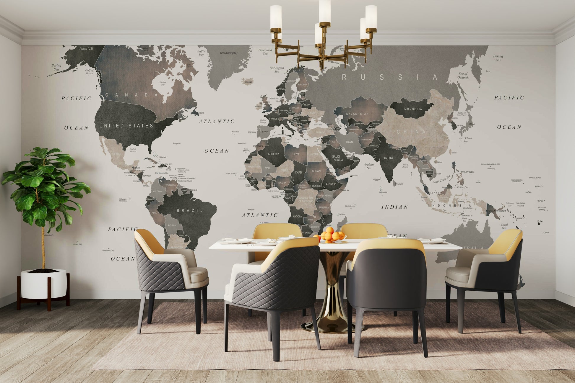 Muted global map wallpaper for large walls

