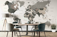 Travel-themed mural in muted vintage tones

