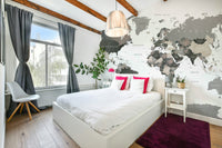 Educational world map mural with soft hues

