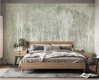 Serene green wall mural featuring delicate tree silhouettes
