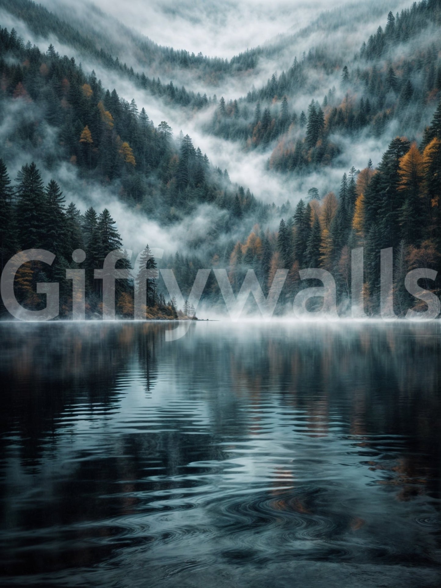 Mystic Lake Reflections wallpaper mural shown as a full-wall misty forest lake with autumn trees and reflections