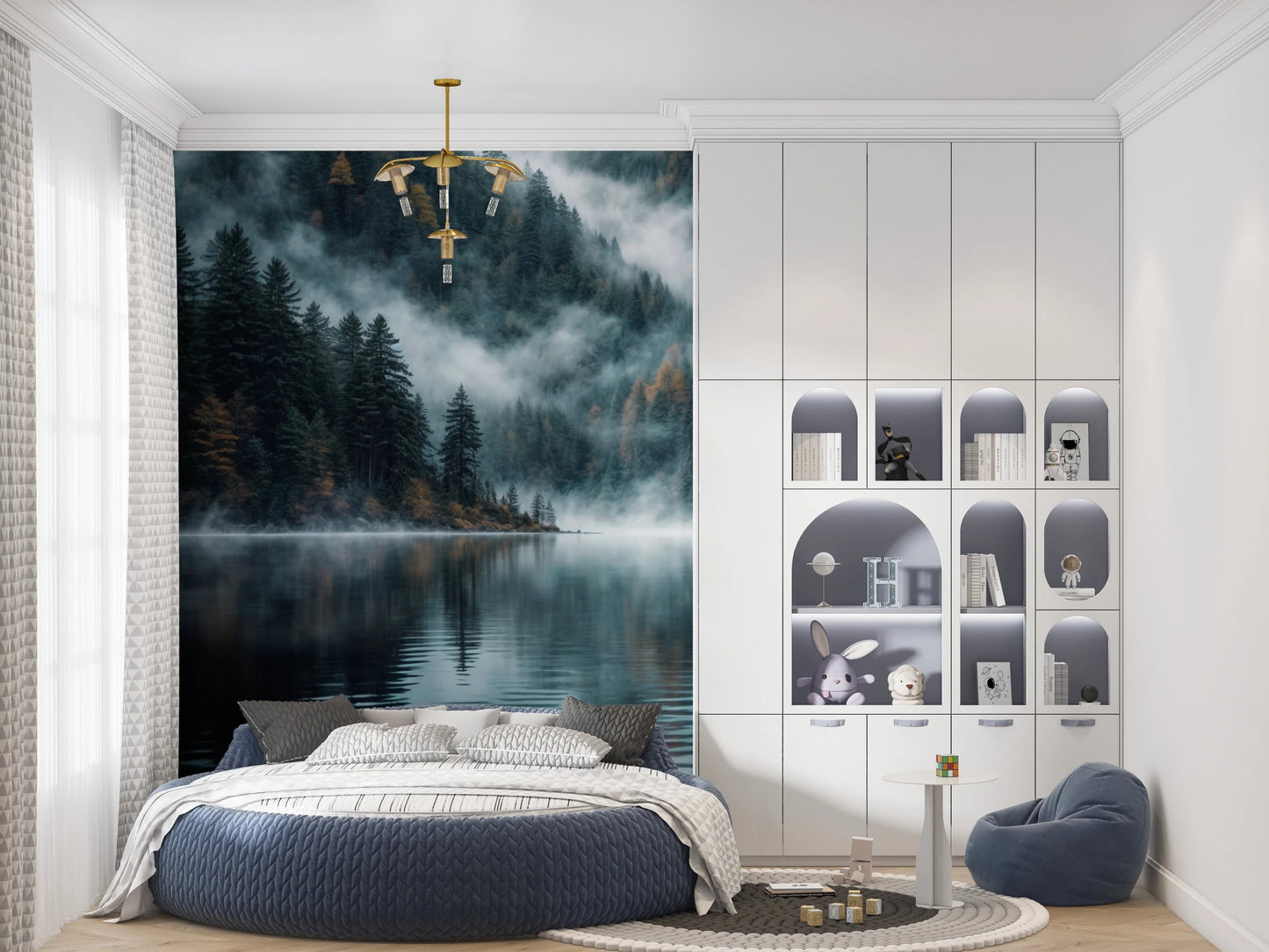 Mystic Lake Reflections wallpaper mural behind a round blue bed in a child's room with white toy shelving