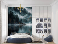 Mystic Lake Reflections wallpaper mural behind a round blue bed in a child's room with white toy shelving