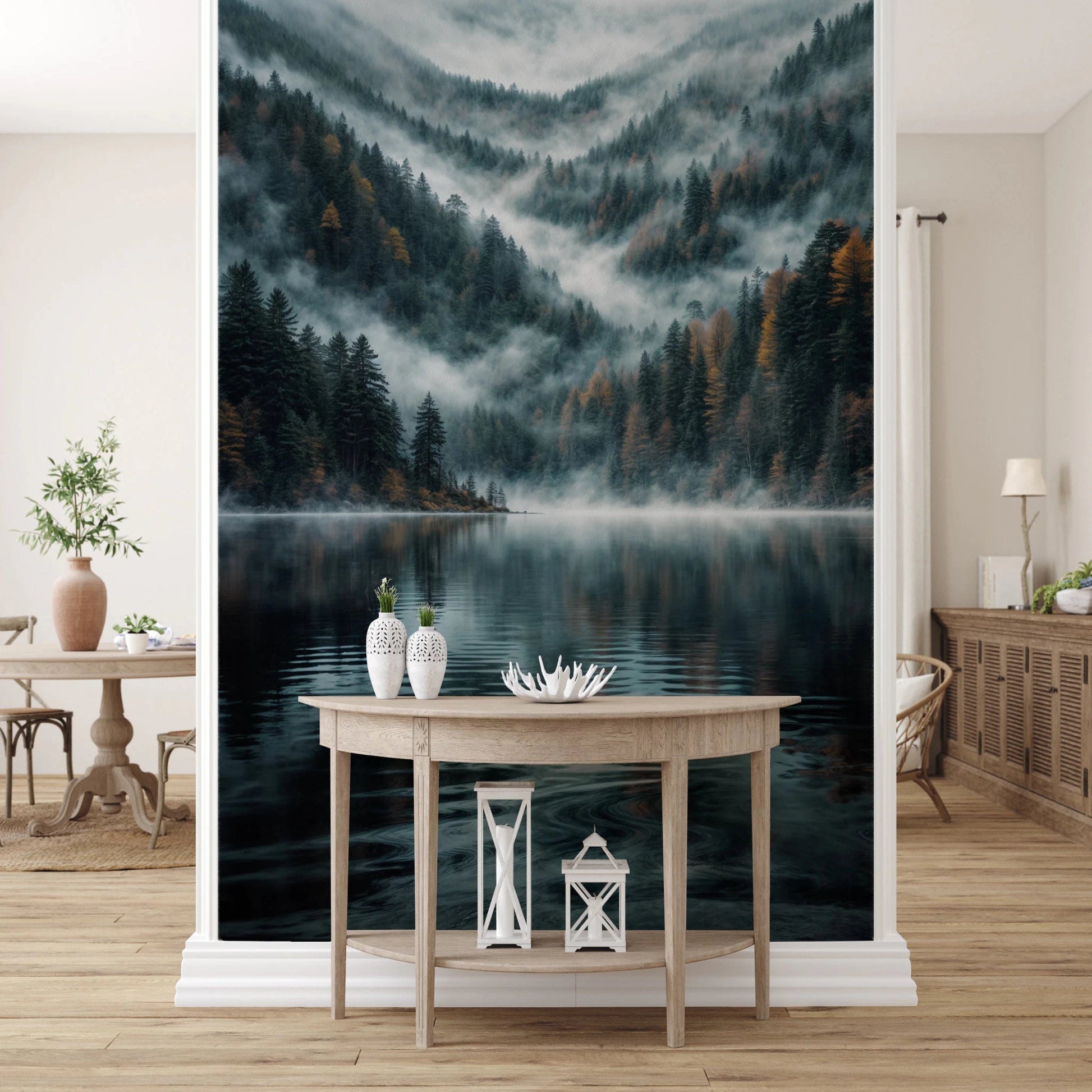 Mystic Lake Reflections wallpaper mural above a light wood console table with white lanterns in an entryway