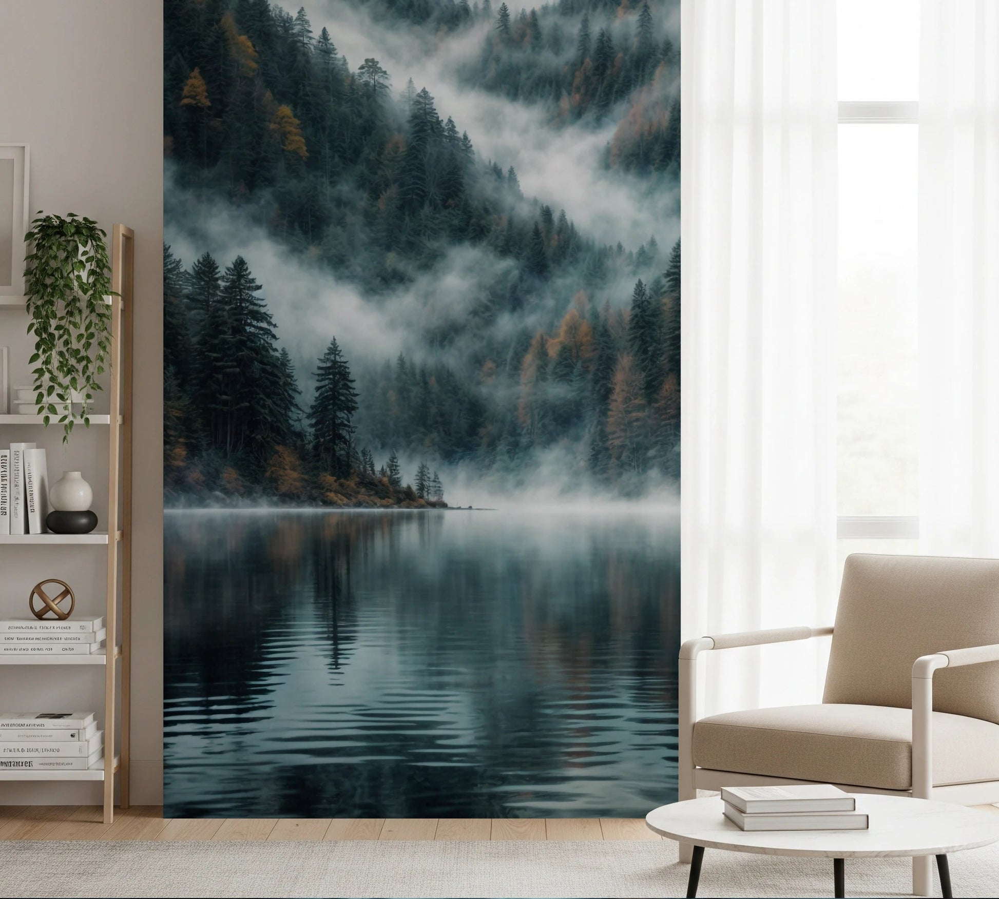 Mystic Lake Reflections wallpaper mural beside a white bookshelf and beige armchair in a bright living room