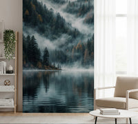 Mystic Lake Reflections wallpaper mural beside a white bookshelf and beige armchair in a bright living room