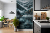 Mystic Lake Reflections wallpaper mural as a divider panel between a wood dining nook and a grey kitchen