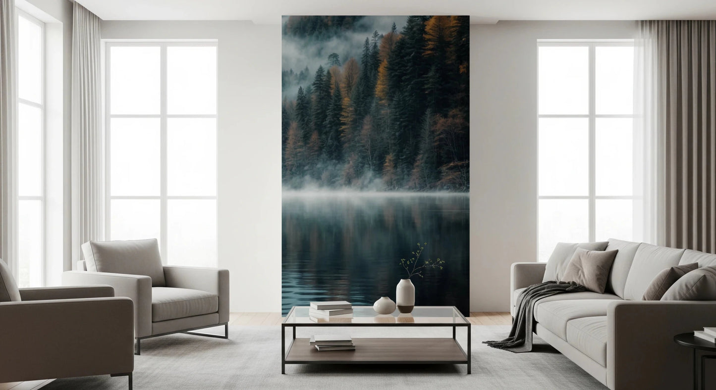 Mystic Lake Reflections wallpaper mural behind a beige sofa and armchair with a glass coffee table