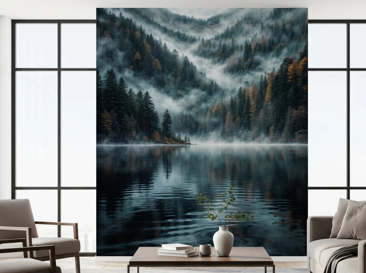 Mystic Lake Reflections wallpaper mural of a misty forest lake behind two beige armchairs and a wood coffee table