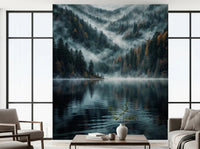 Mystic Lake Reflections wallpaper mural of a misty forest lake behind two beige armchairs and a wood coffee table